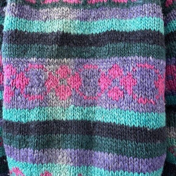 Vintage Ecuadorian Chunky 100% Wool Striped Rainbow Oversized Sweater Sz XL - Picture 7 of 7
